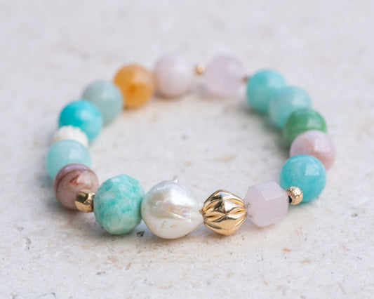 Russian Amazonite & Morganite Baroque Pearl Gemstone Bracelet