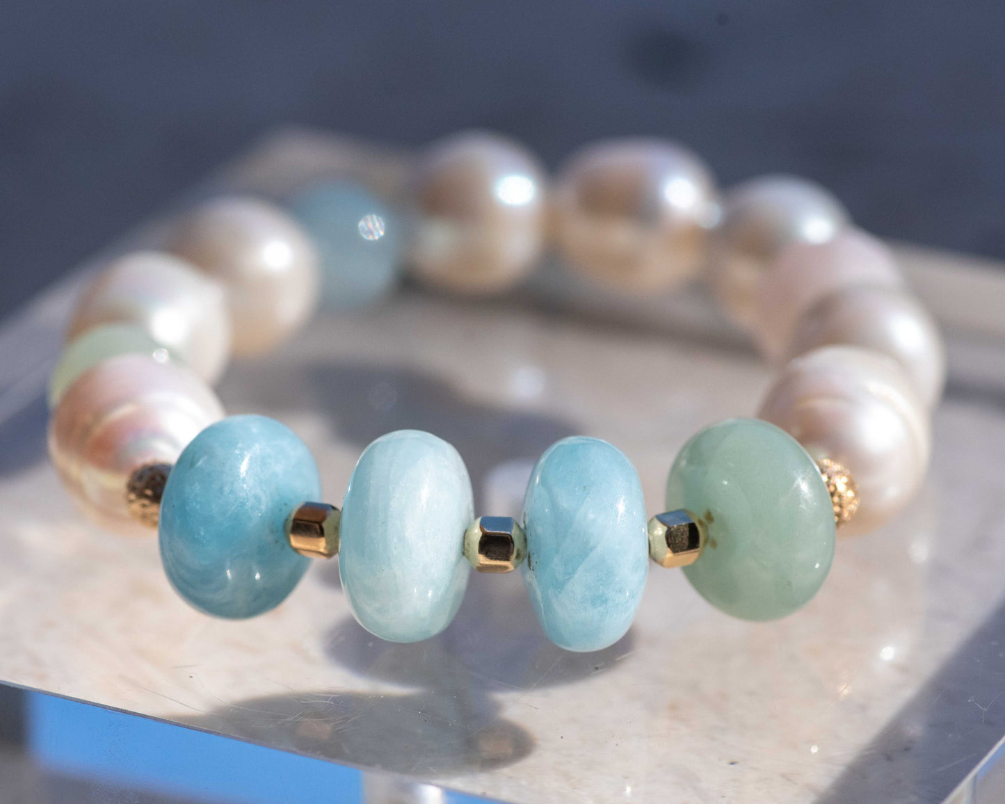 Chunky Aquamarine & Pearl Beaded Bracelet