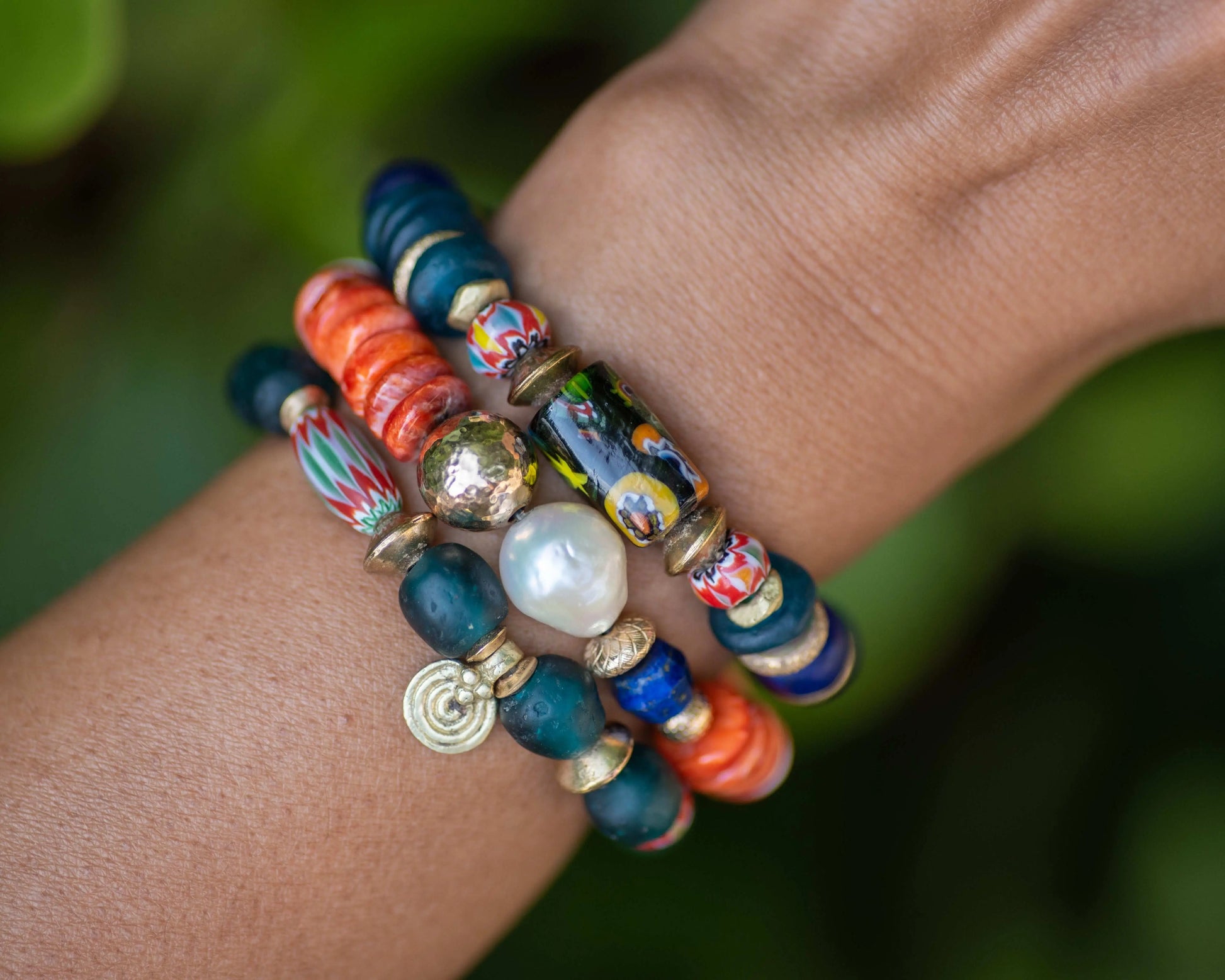 Millefiori & Teal Glass Beaded Bracelet