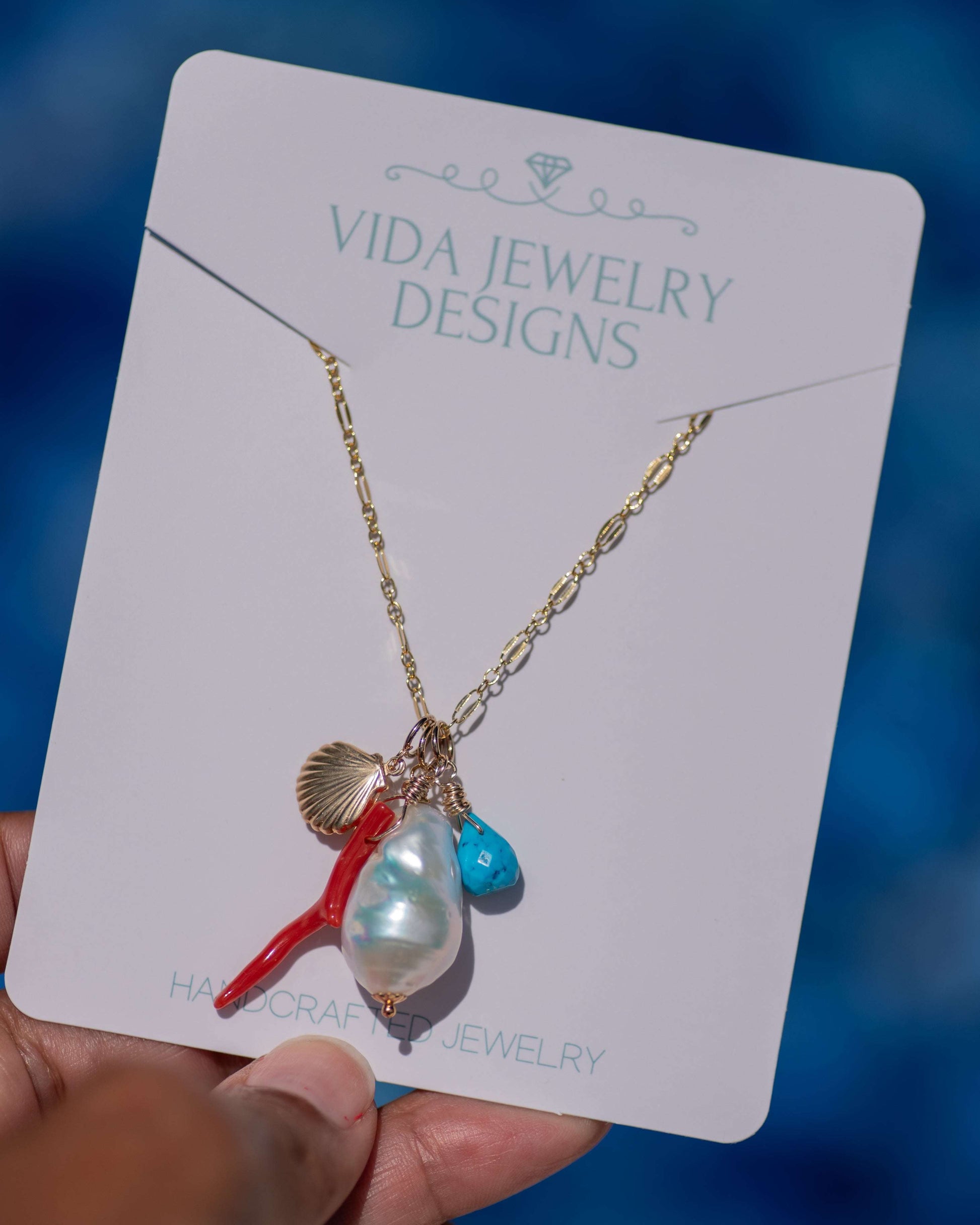Large Baroque Pearl & Coral Seashell Charm Necklace