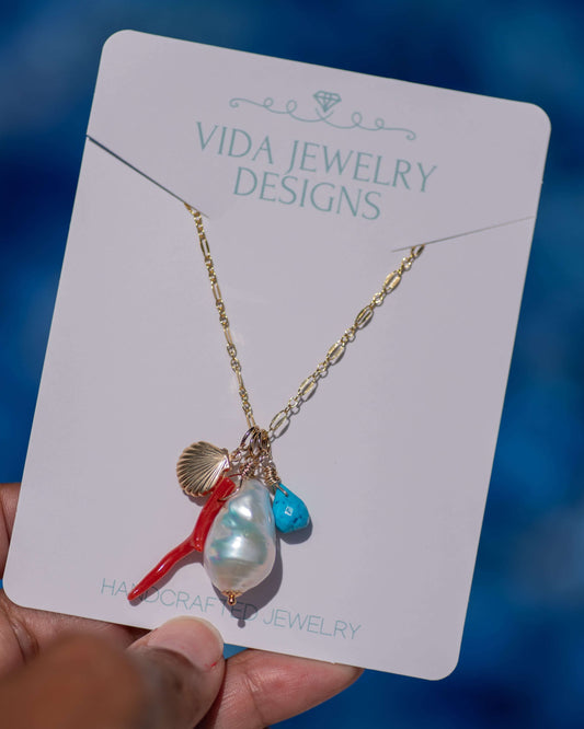 Large Baroque Pearl & Coral Seashell Charm Necklace