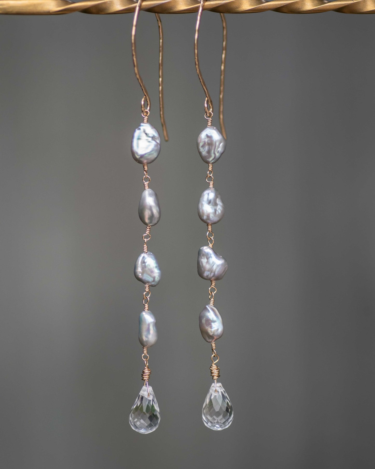 Gray Keshi Pearl & Crystal Quartz Drop Earrings