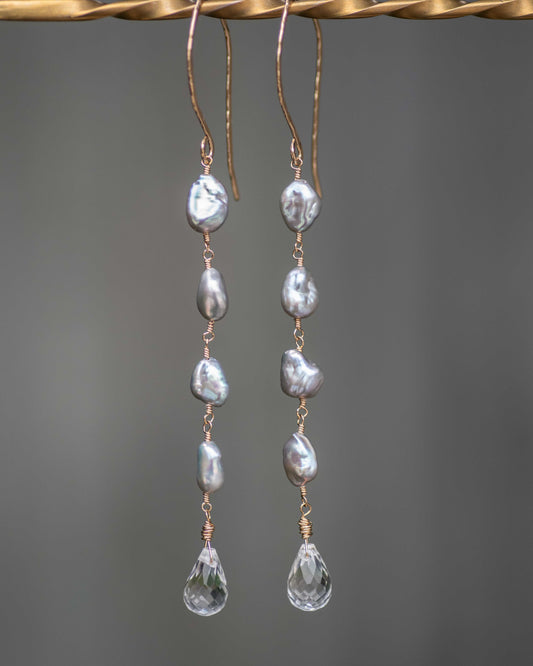 Gray Keshi Pearl & Crystal Quartz Drop Earrings