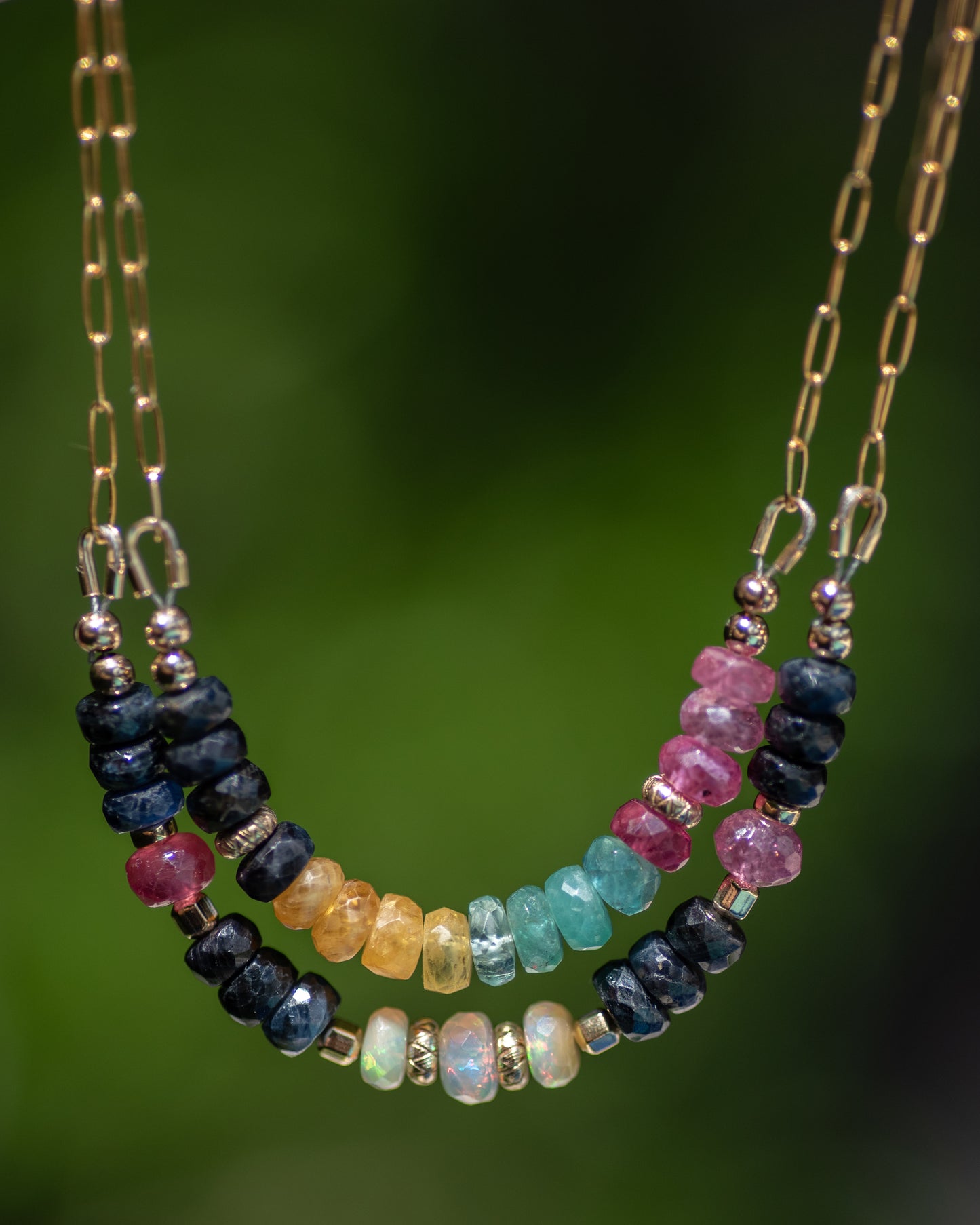 Blue Sapphire & Opal Gemstone Bar Necklace