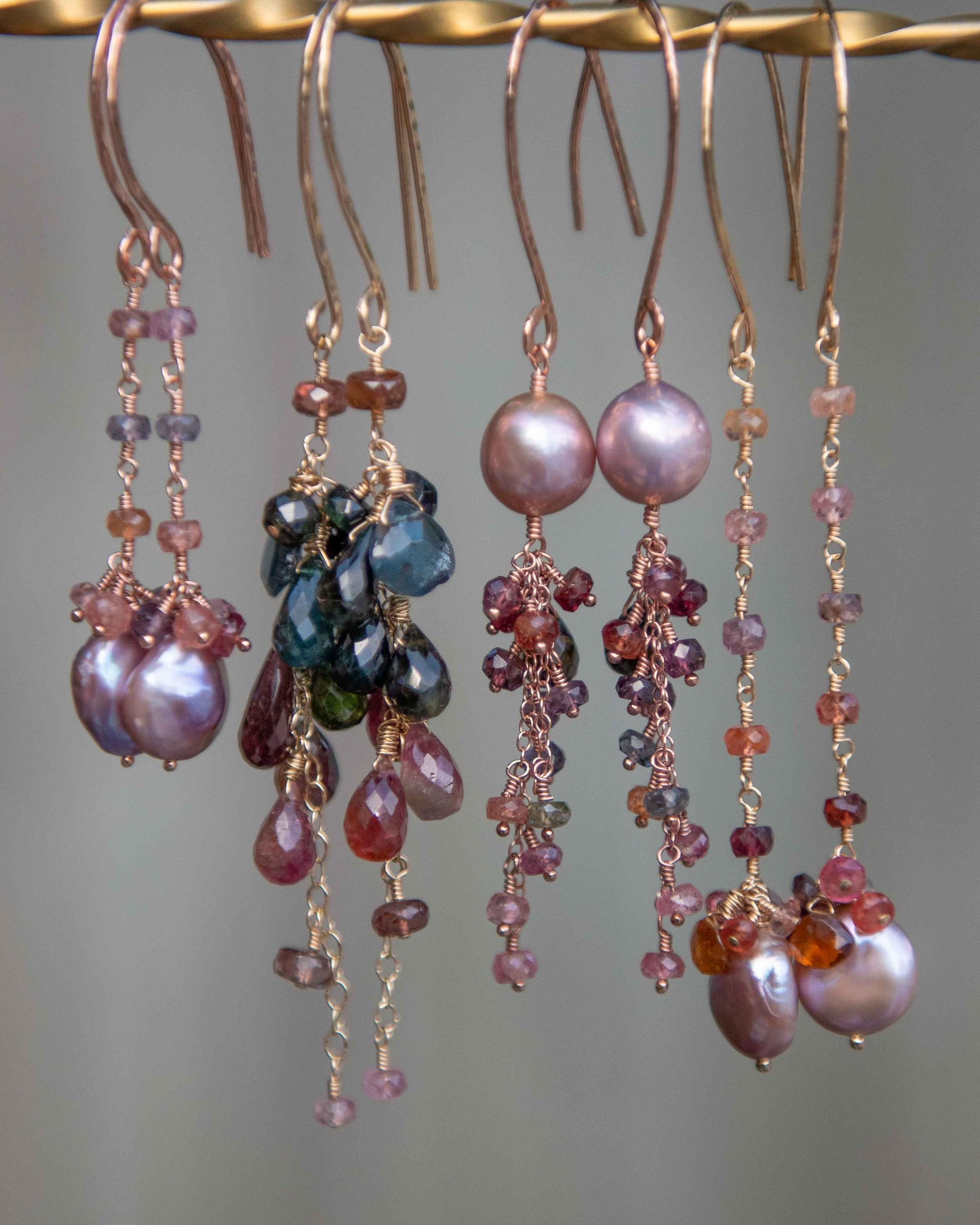 Spinel & Mauve Coin Pearl Dangle Earrings