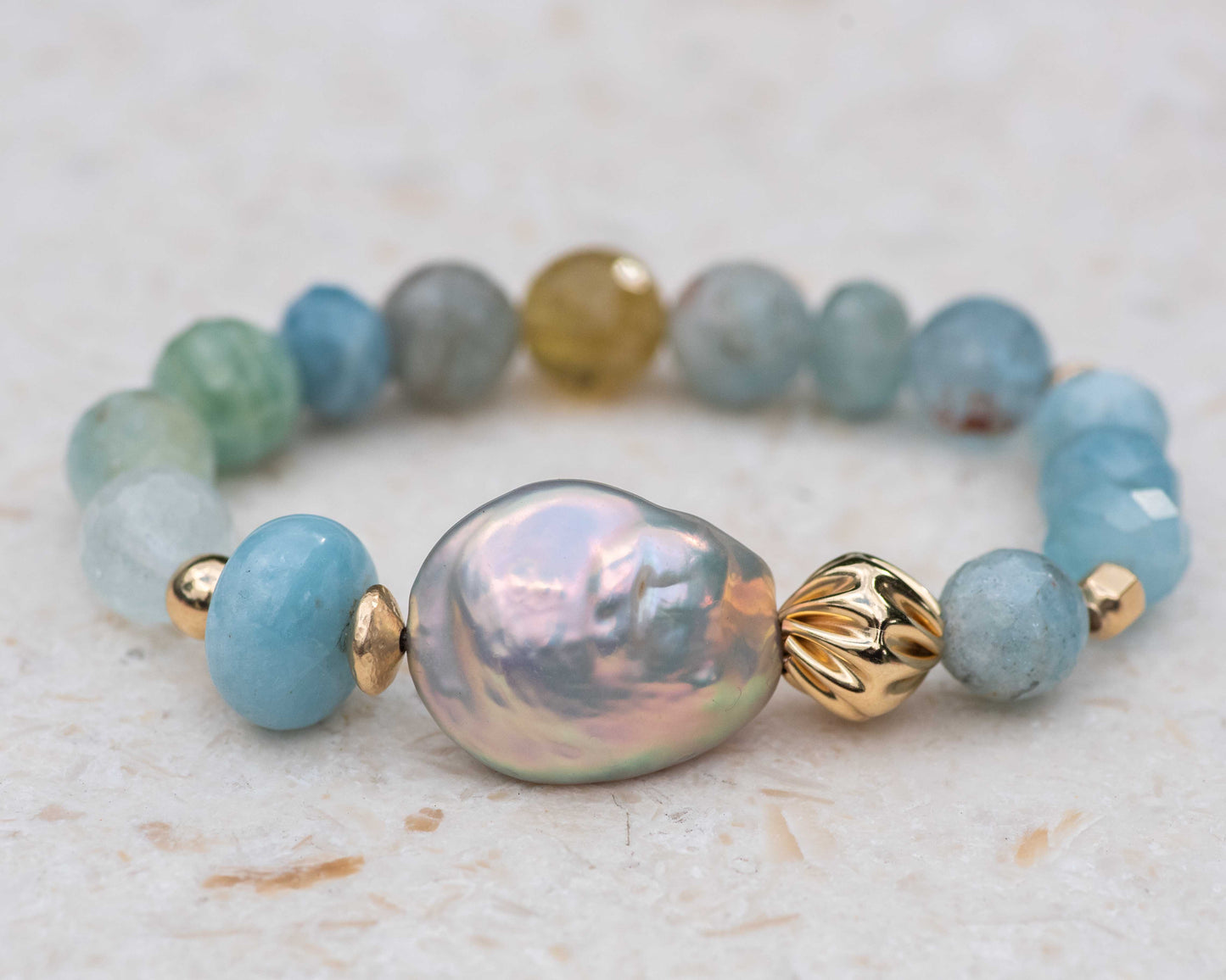 Gray Baroque Pearl & Aquamarine Gemstone Bracelet