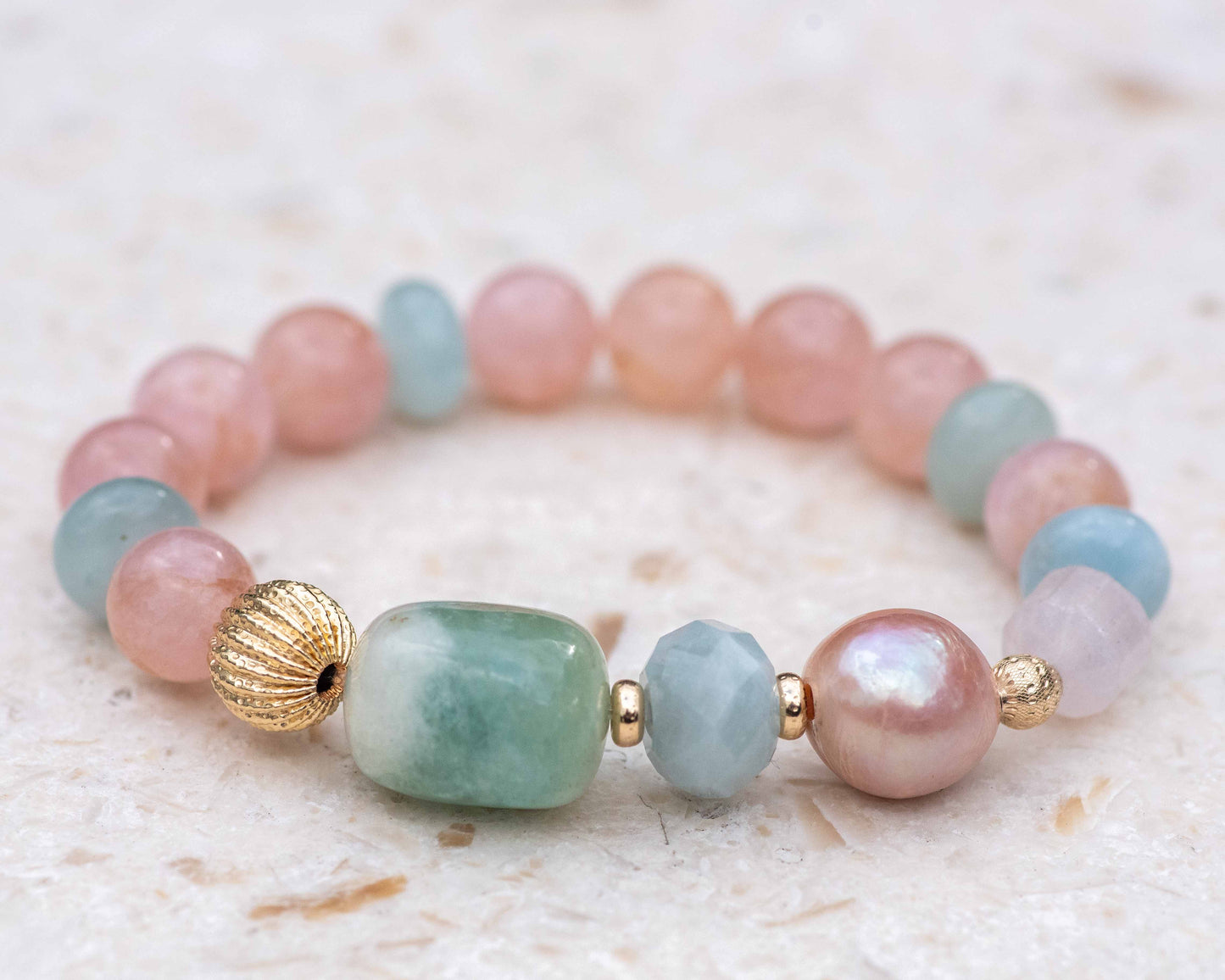 Pink Morganite & Aquamarine Nugget Gemstone Bracelet
