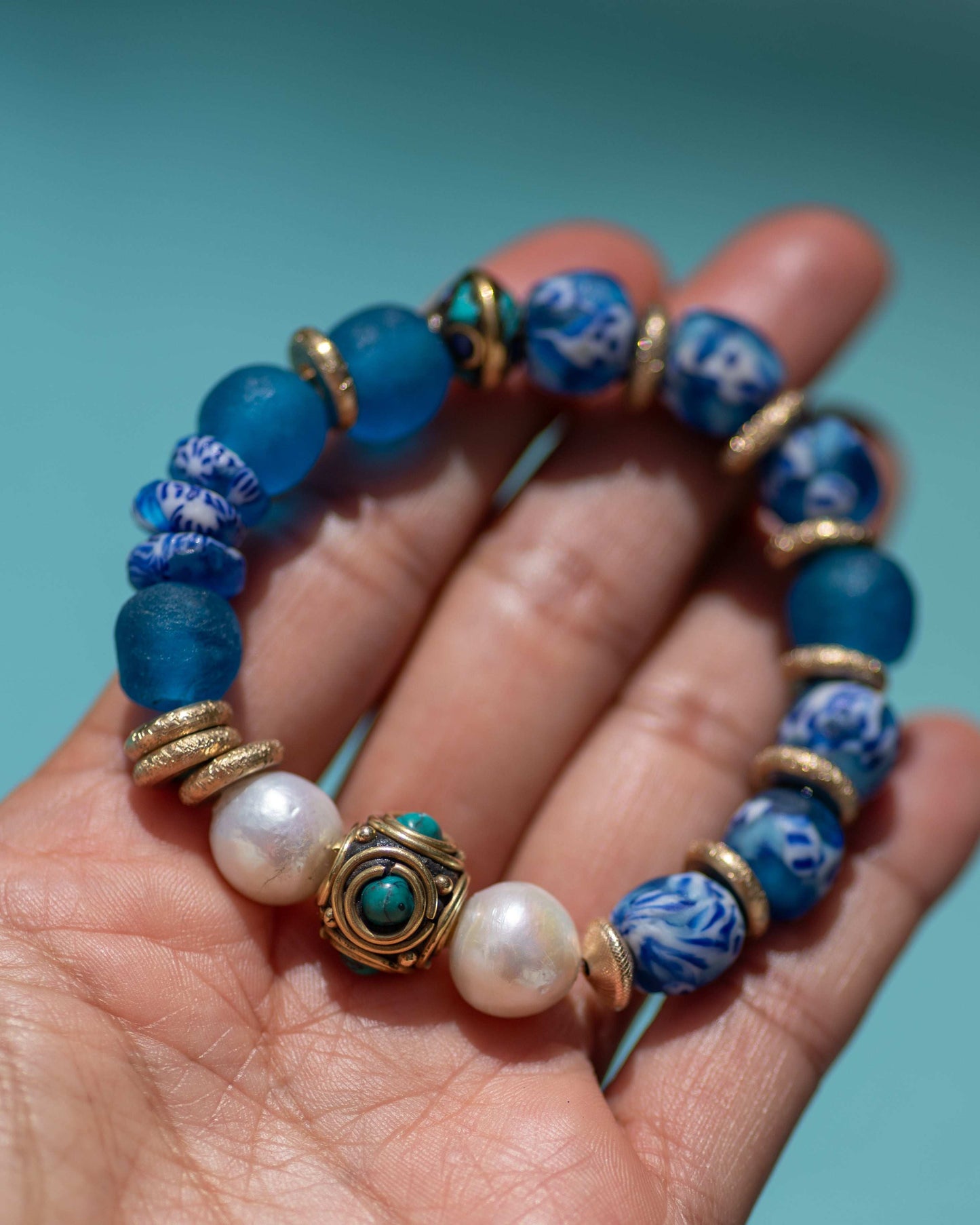 Blue & White African Glass Tibetan Beaded Bracelet