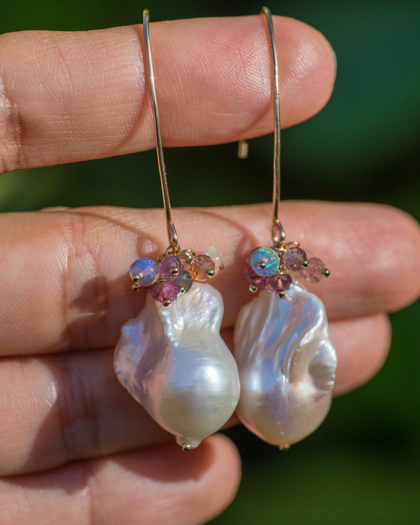 Large Baroque Pearl & Multi Colored Gemstone Gold Earrings