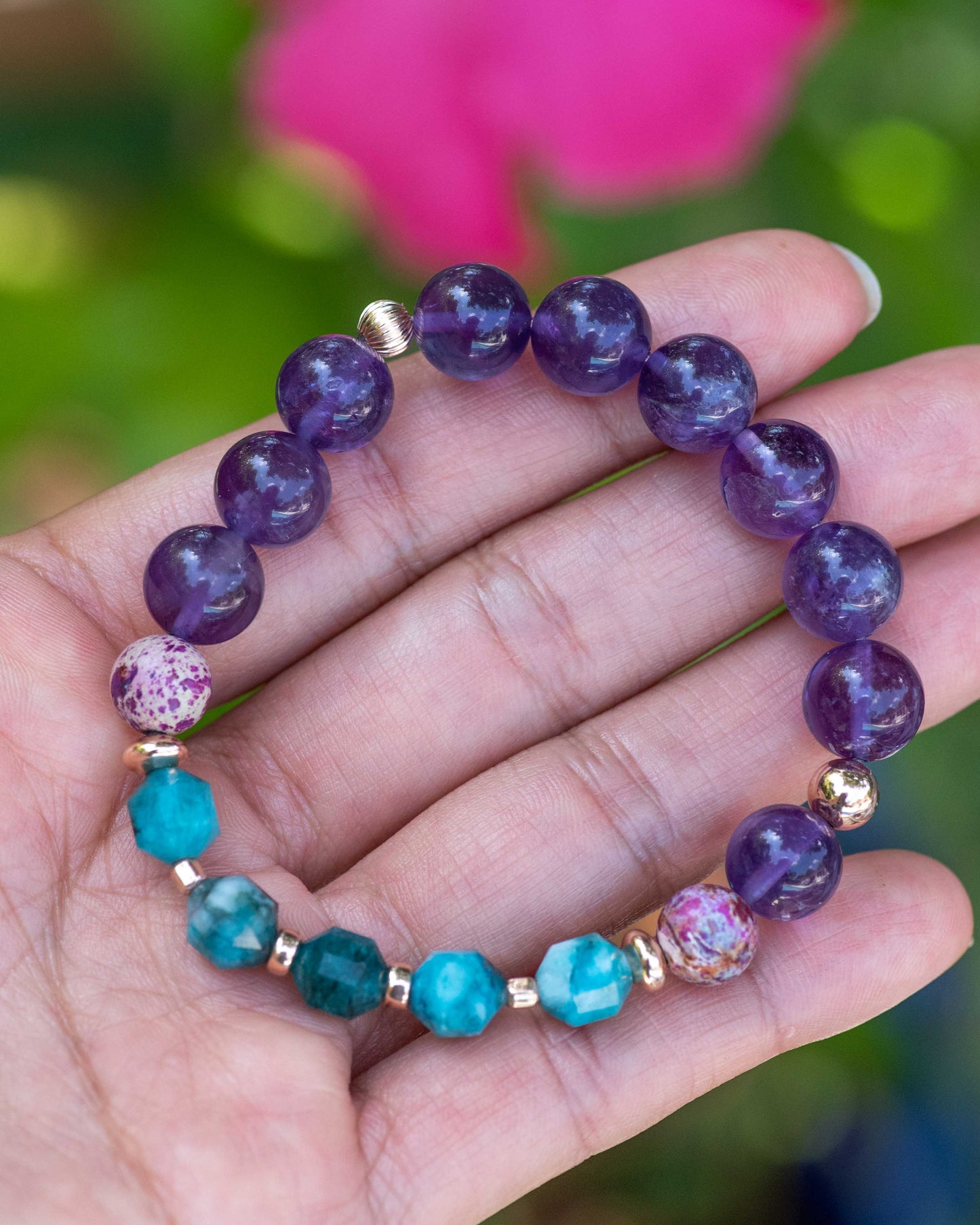 Vibrant Apatite & Amethyst Gemstone Bracelet