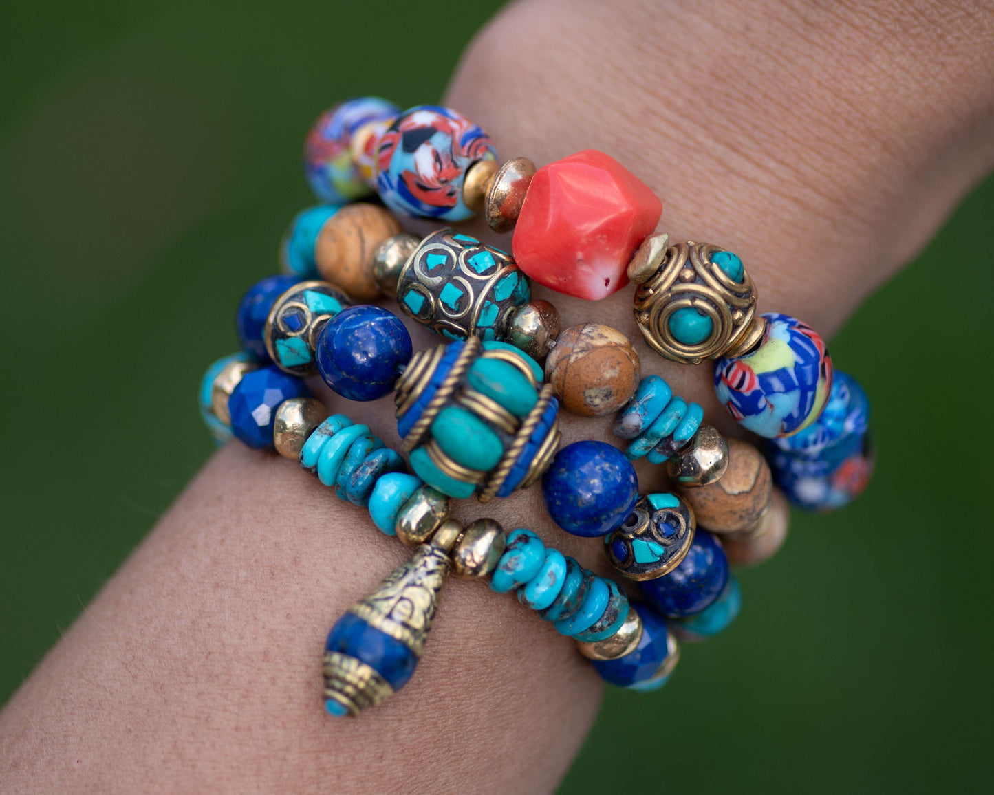 Genuine Turquoise & Lapis Tibetan Beads Colorful Bracelet Stack