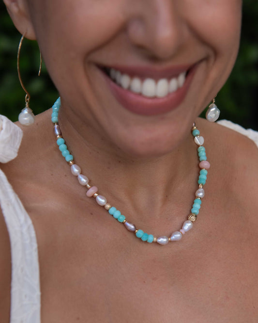 Blue Opal & Pearl Gemstone Necklace