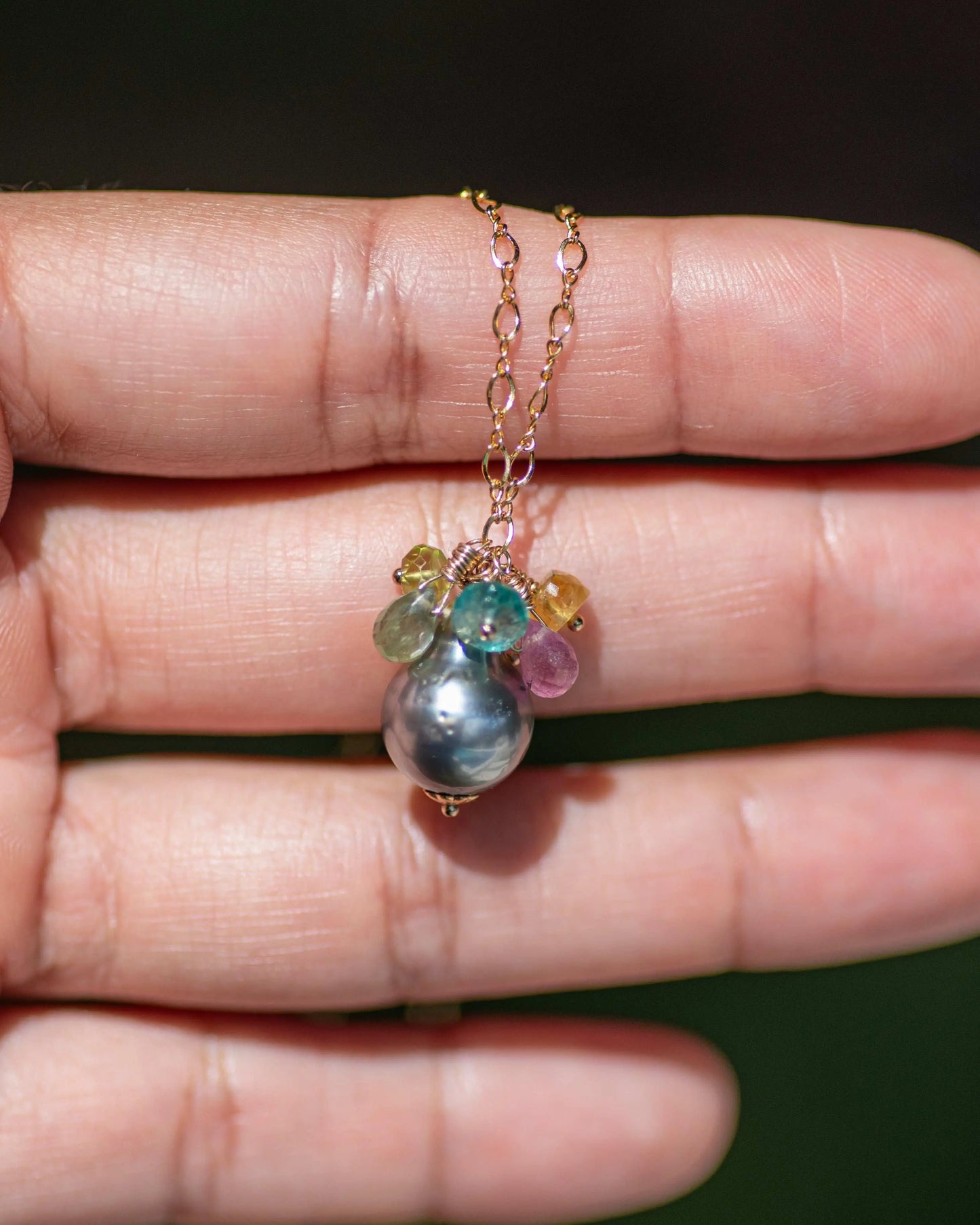 Tahitian Pearl Pendant Necklace with Sapphire Gemstone Cluster