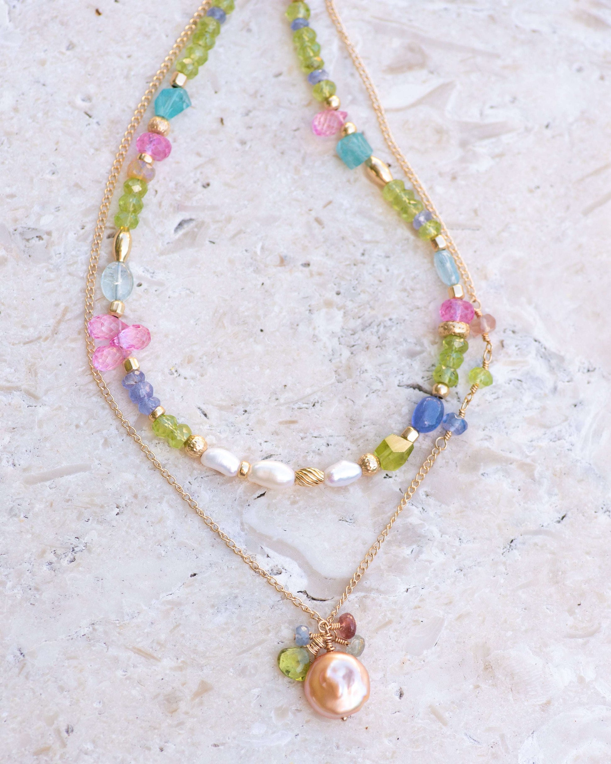 Peridot & Pink Topaz Beaded Gemstone Necklace