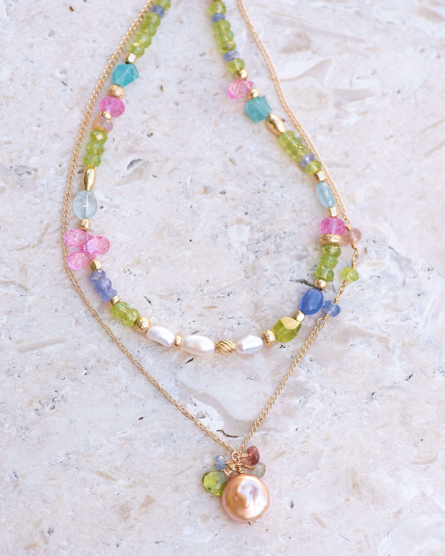 Peach Coin Pearl Gemstone Cluster Necklace Vida Jewelry Designs