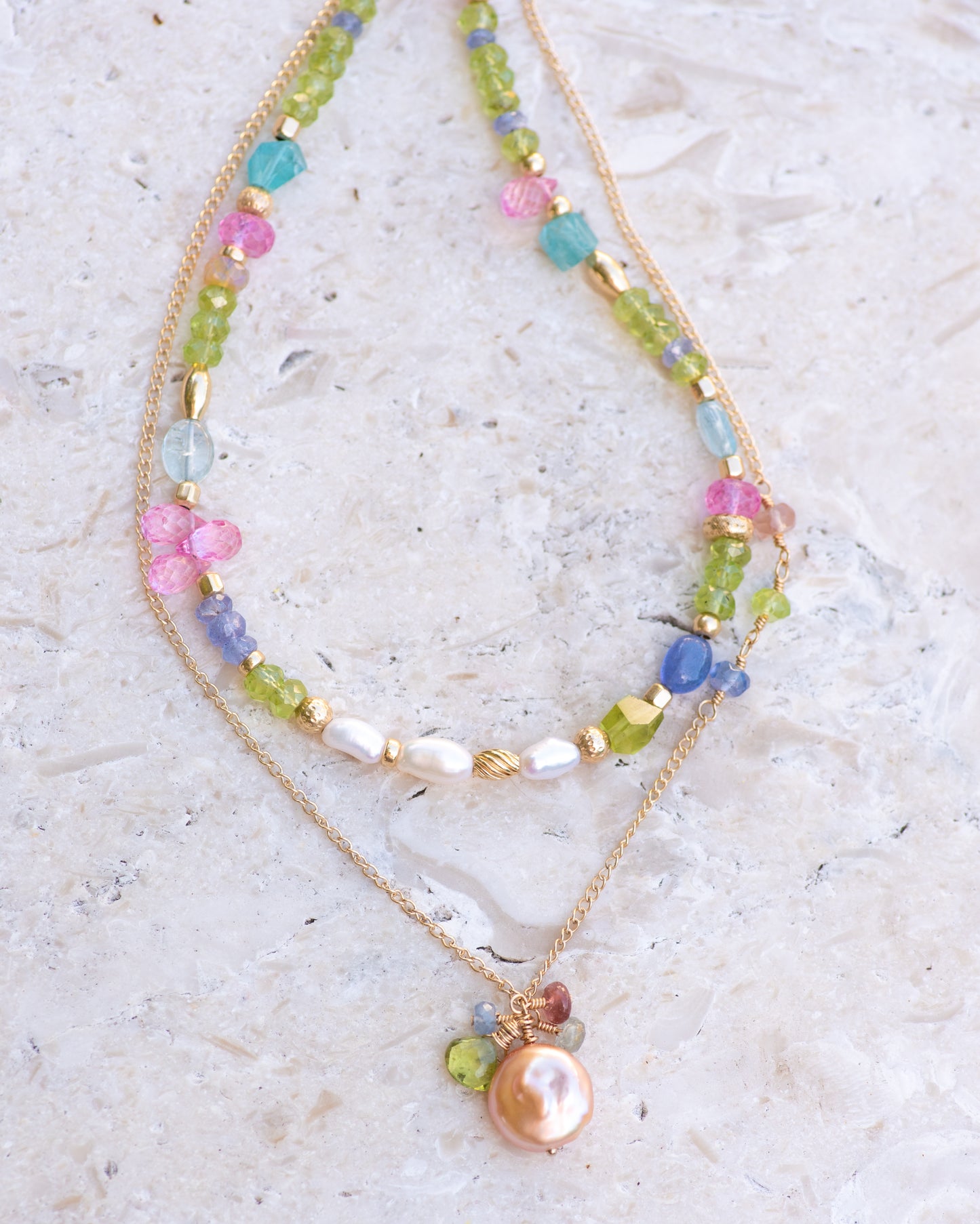 Peach Coin Pearl Gemstone Cluster Necklace Vida Jewelry Designs