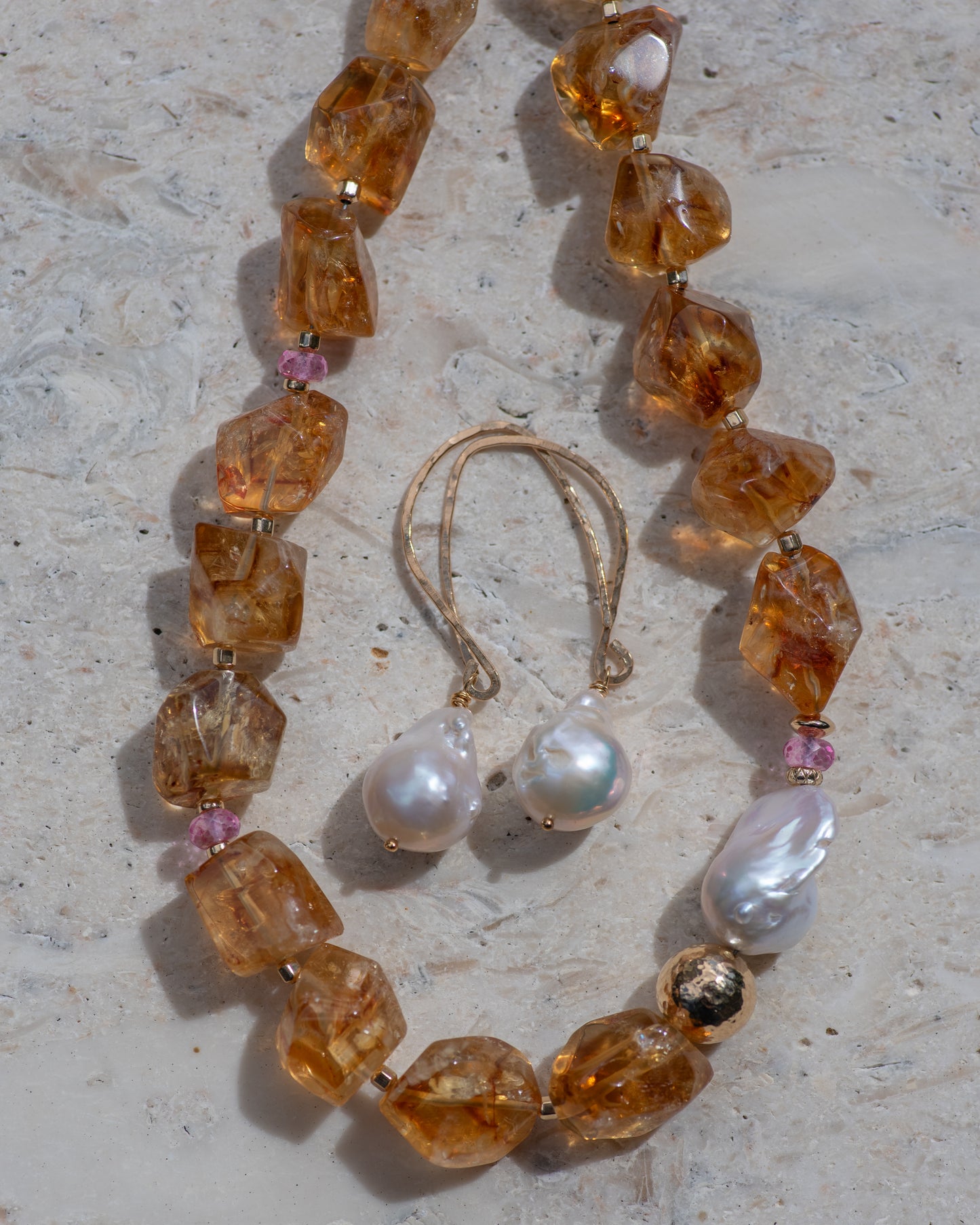 Chunky Citrine & Baroque Pearl Statement Necklace Vida Jewelry Designs