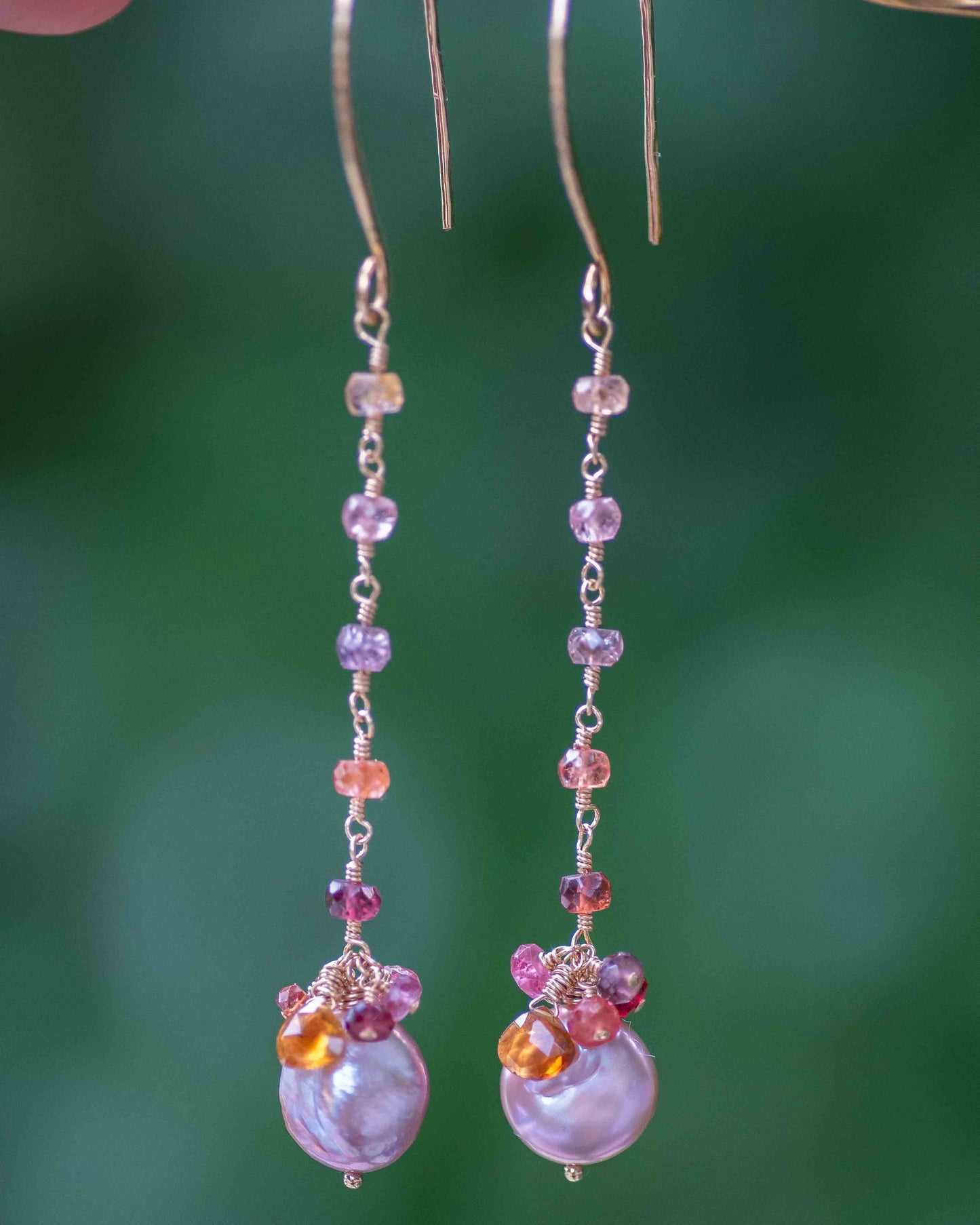 Spinel & Mauve Coin Pearl Dangle Earrings