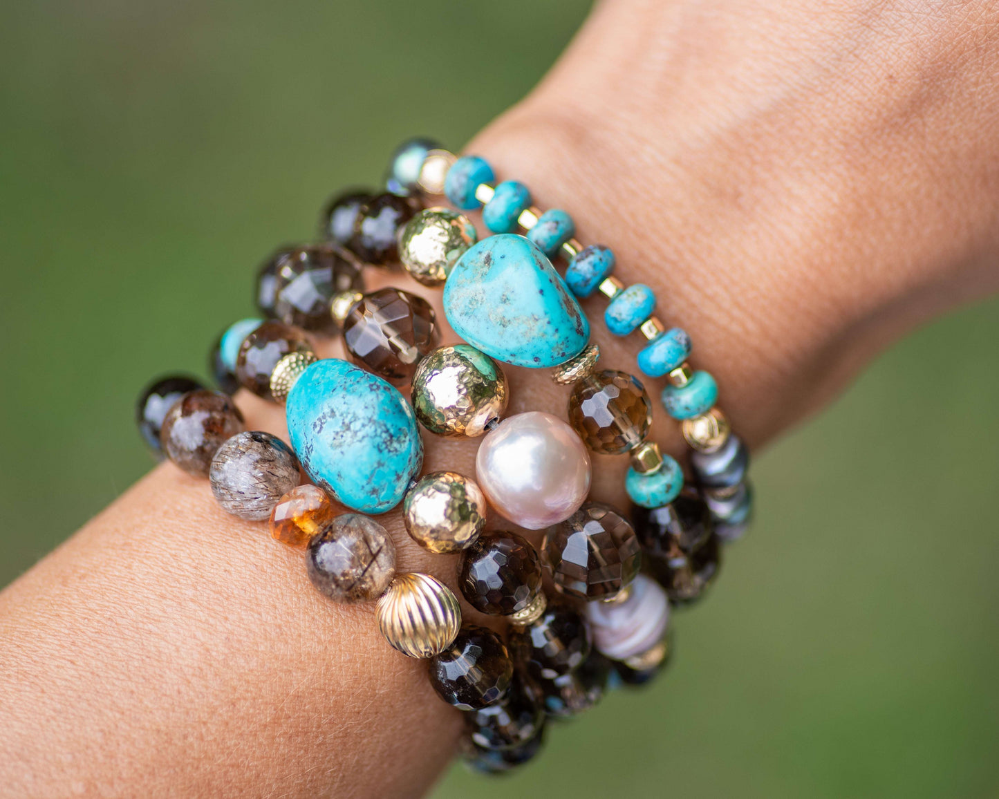 Turquoise & Smoky Quartz Beaded Bracelet Vida Jewelry Designs