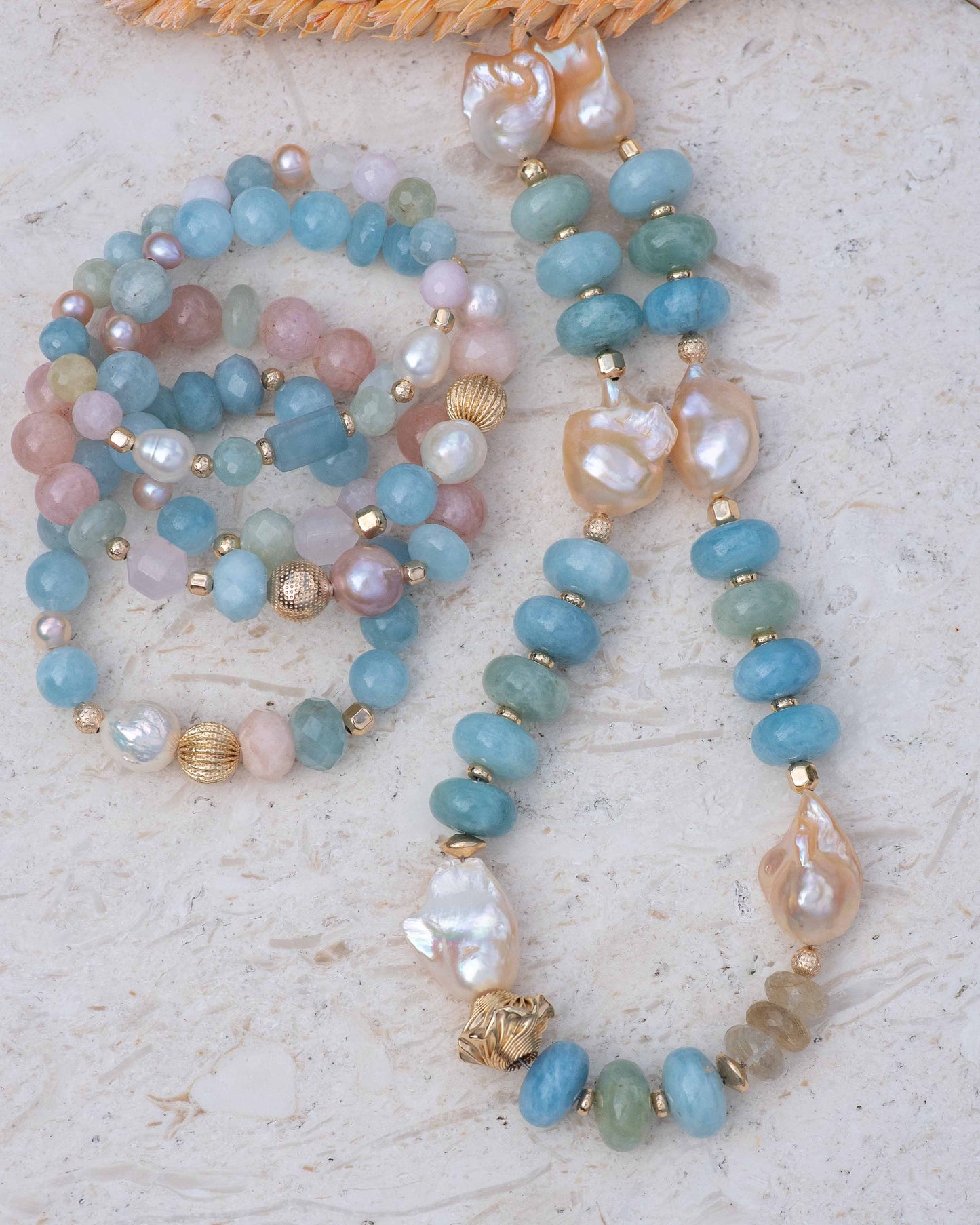 Large Aquamarine & Baroque Pearl Statement Necklace