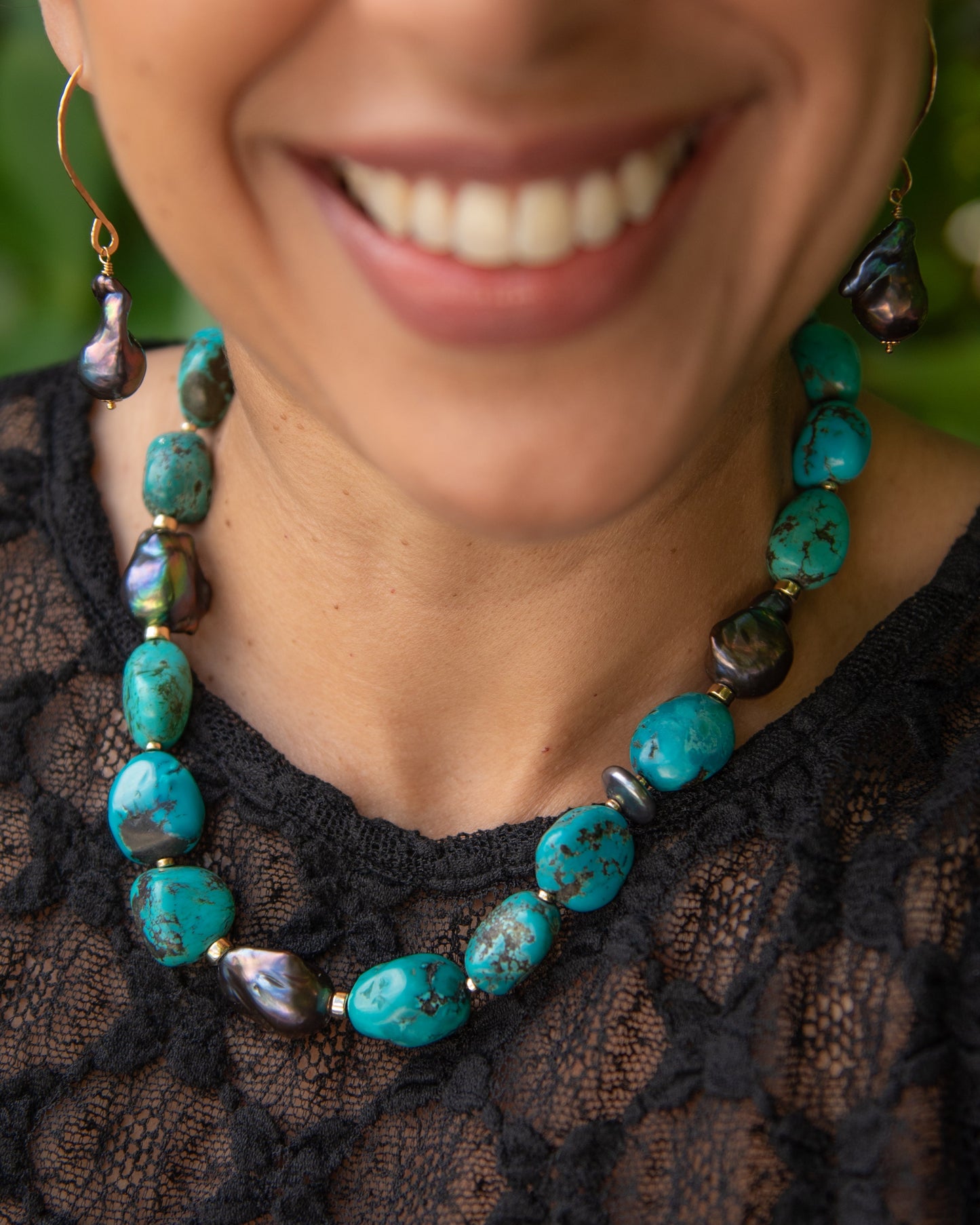 Turquoise Nugget & Baroque Pearl Statement Necklace Vida Jewelry Designs