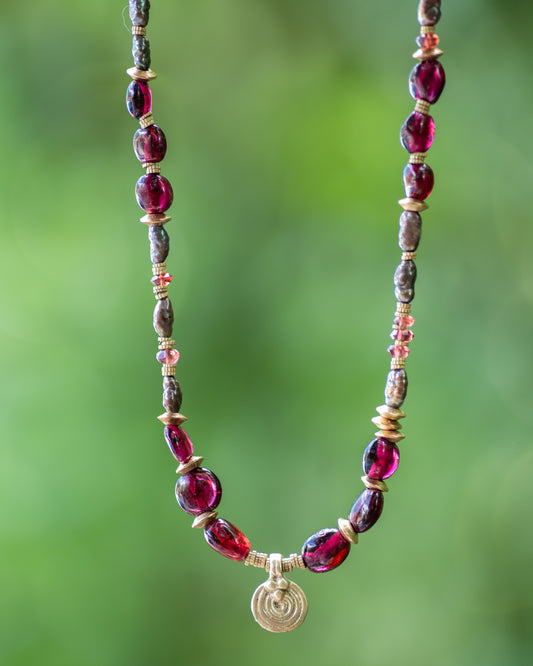 Garnet & Peacock Pearls Brass Necklace