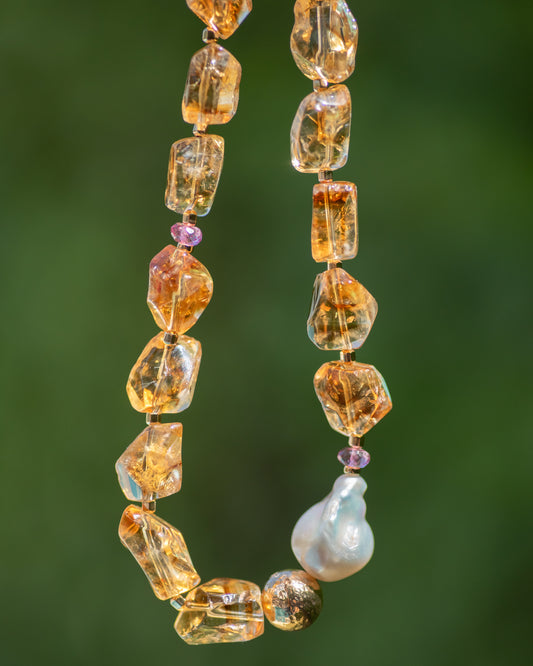 Chunky Citrine & Baroque Pearl Statement Necklace