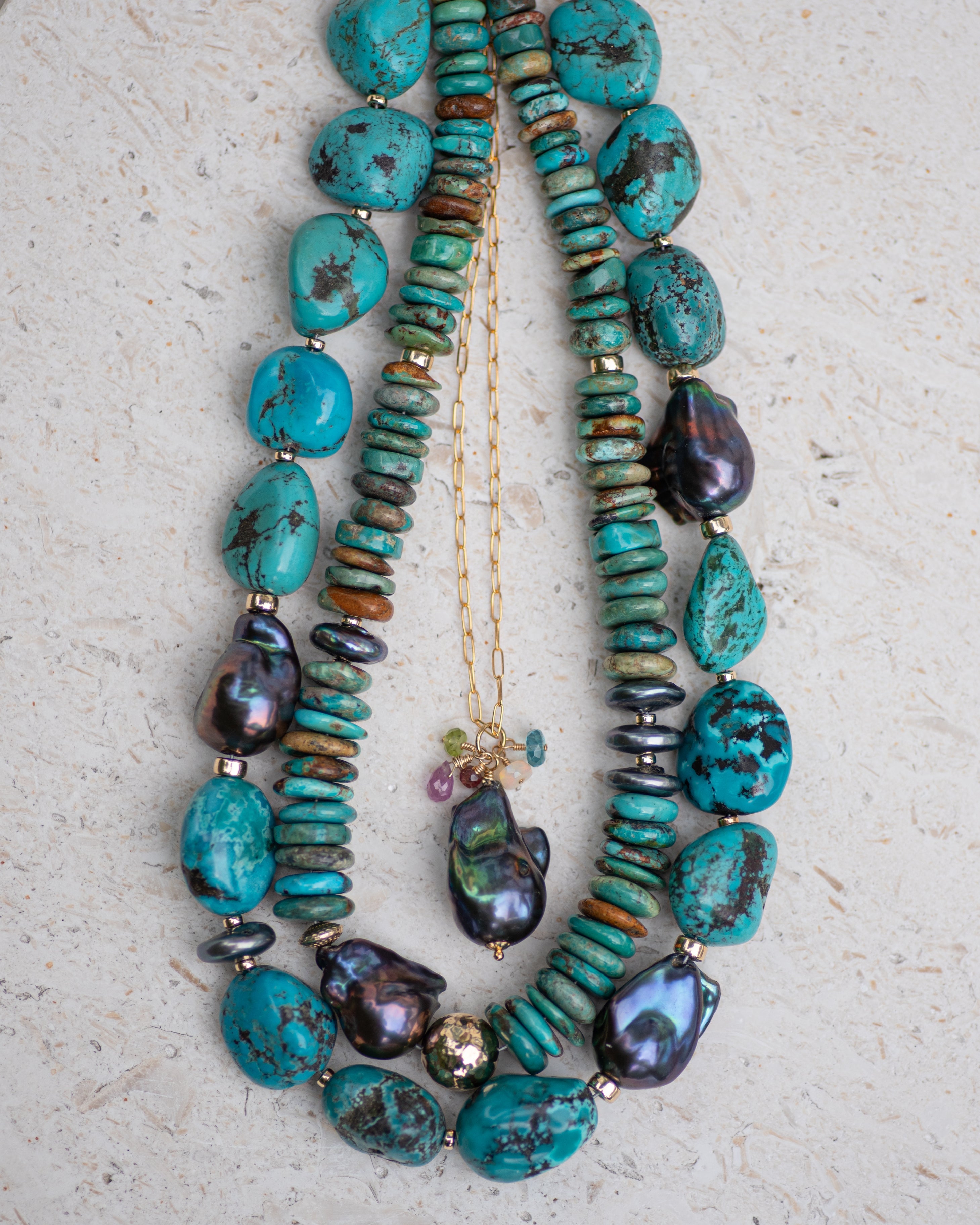 Turquoise Disc & Peacock Pearl Statement Necklace Vida Jewelry Designs