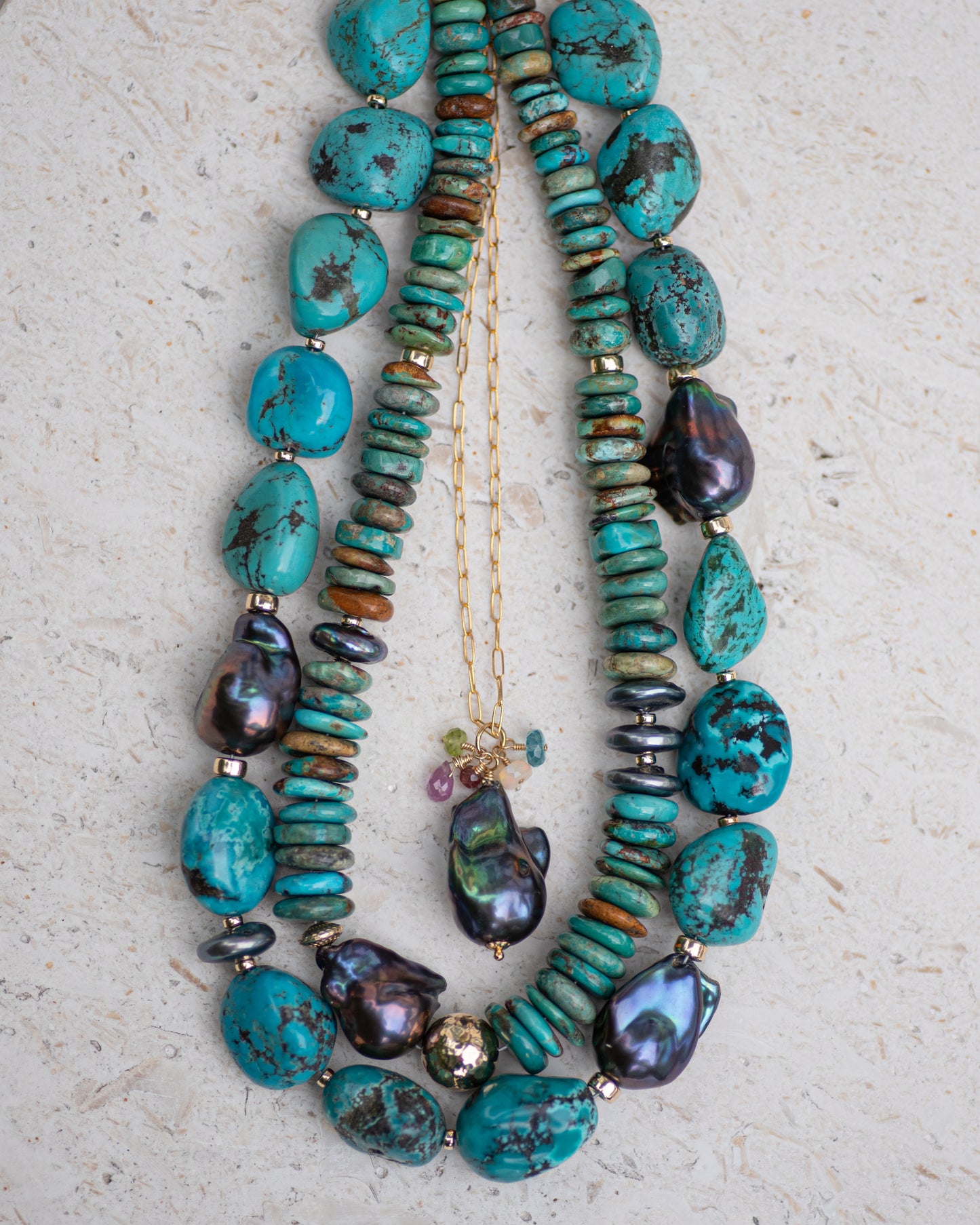 Turquoise Nugget & Baroque Peacock Pearl Statement Necklace - Vida Jewelry Designs