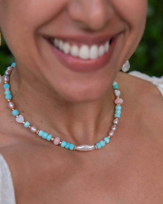 Biwa Pearl & Blue Opal Gemstone Necklace in Rose Gold