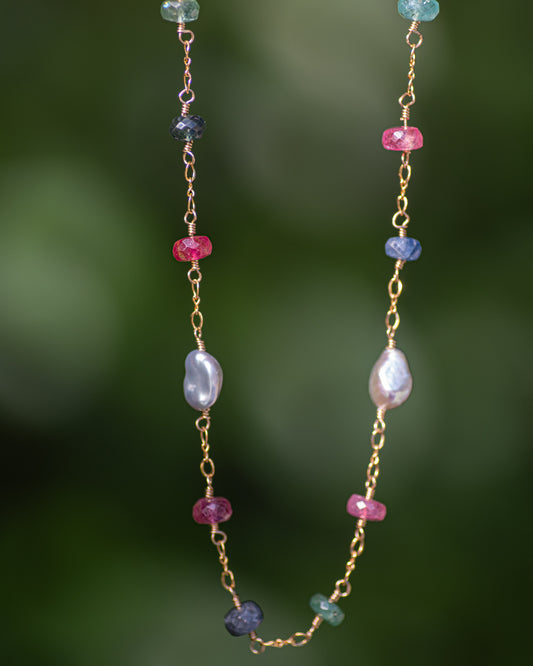 Keshi Pearl & Sapphire Gold Filled Chain Necklace