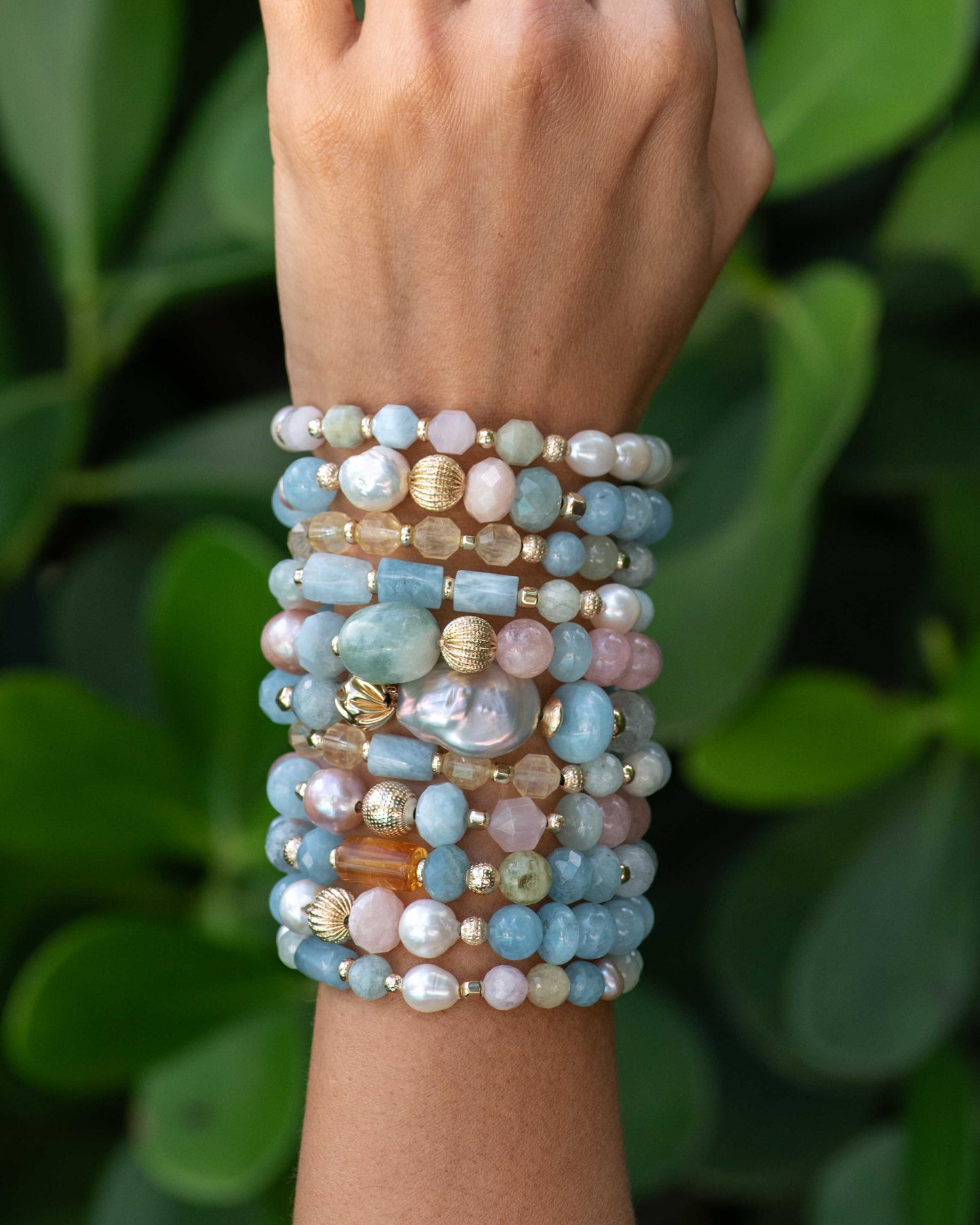 Pink Morganite & Aquamarine Mauve Pearl Gemstone Bracelet