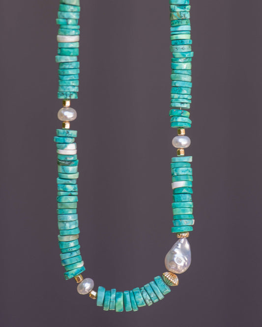 Turquoise and Pearl Heshi Beaded Necklace