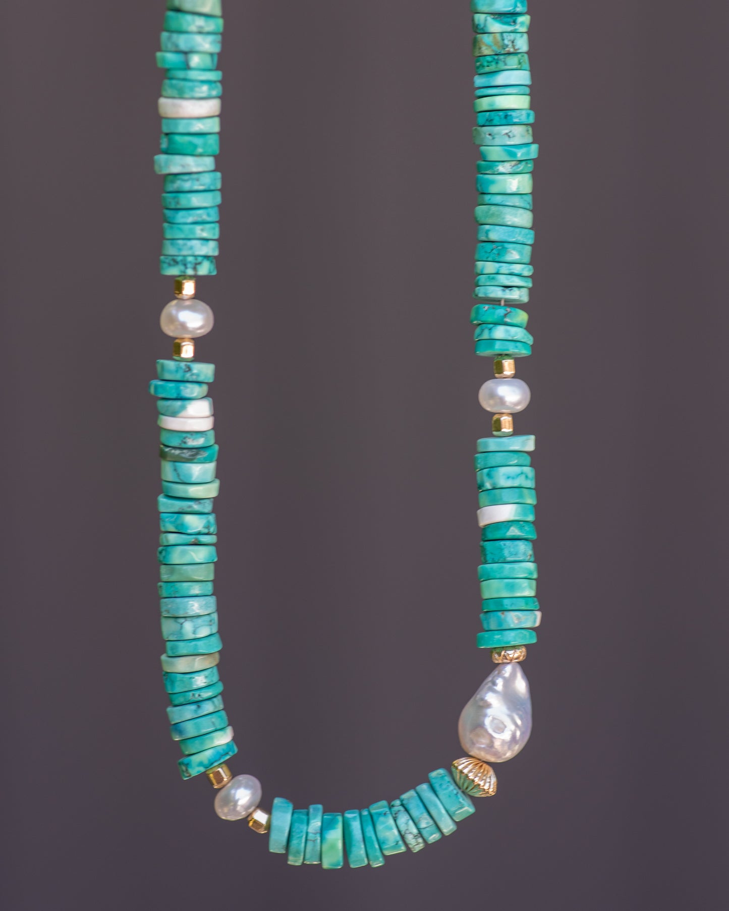 Turquoise and Pearl Heshi Beaded Necklace
