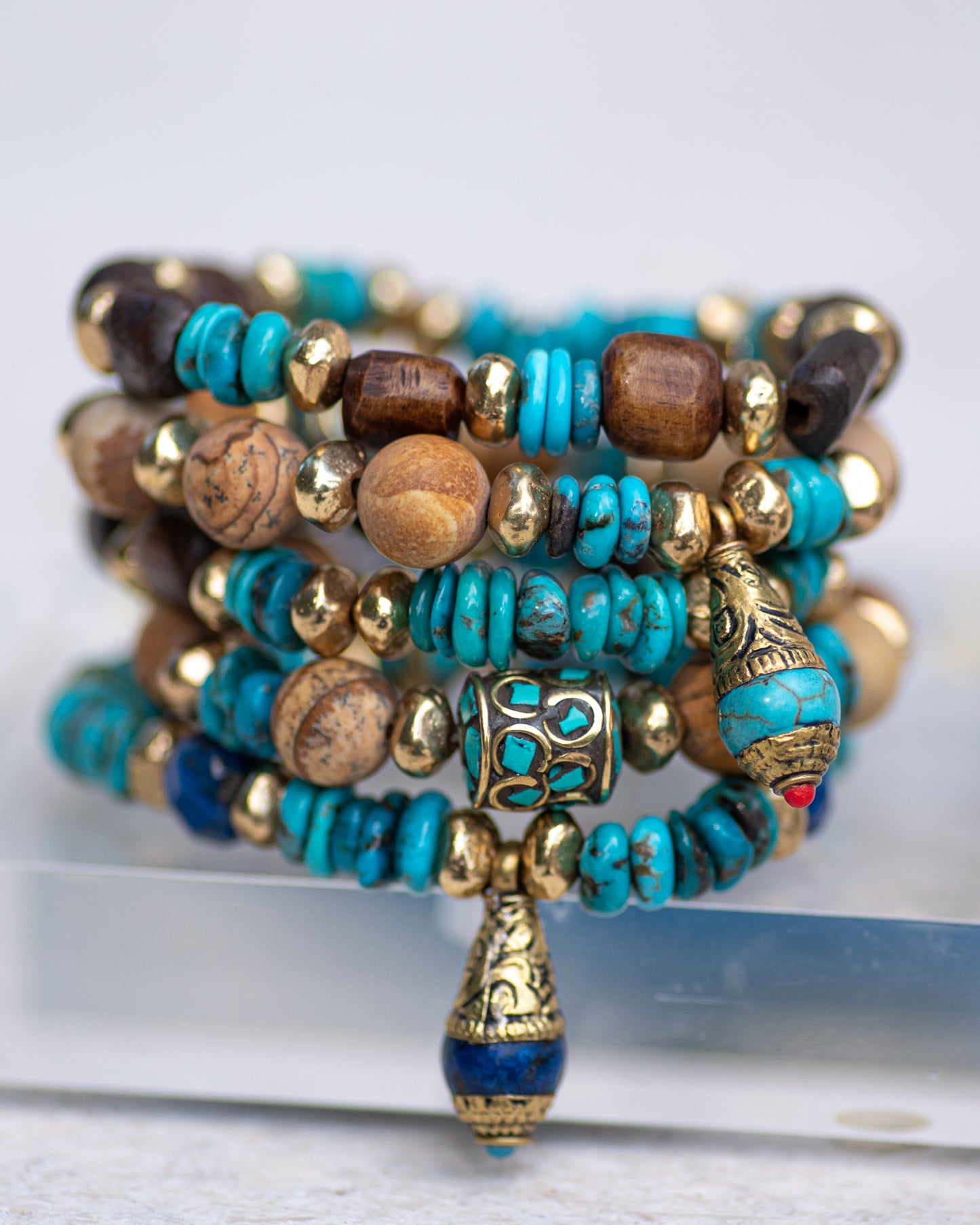 Genuine Turquoise & Lapis Brass Beaded Bracelet