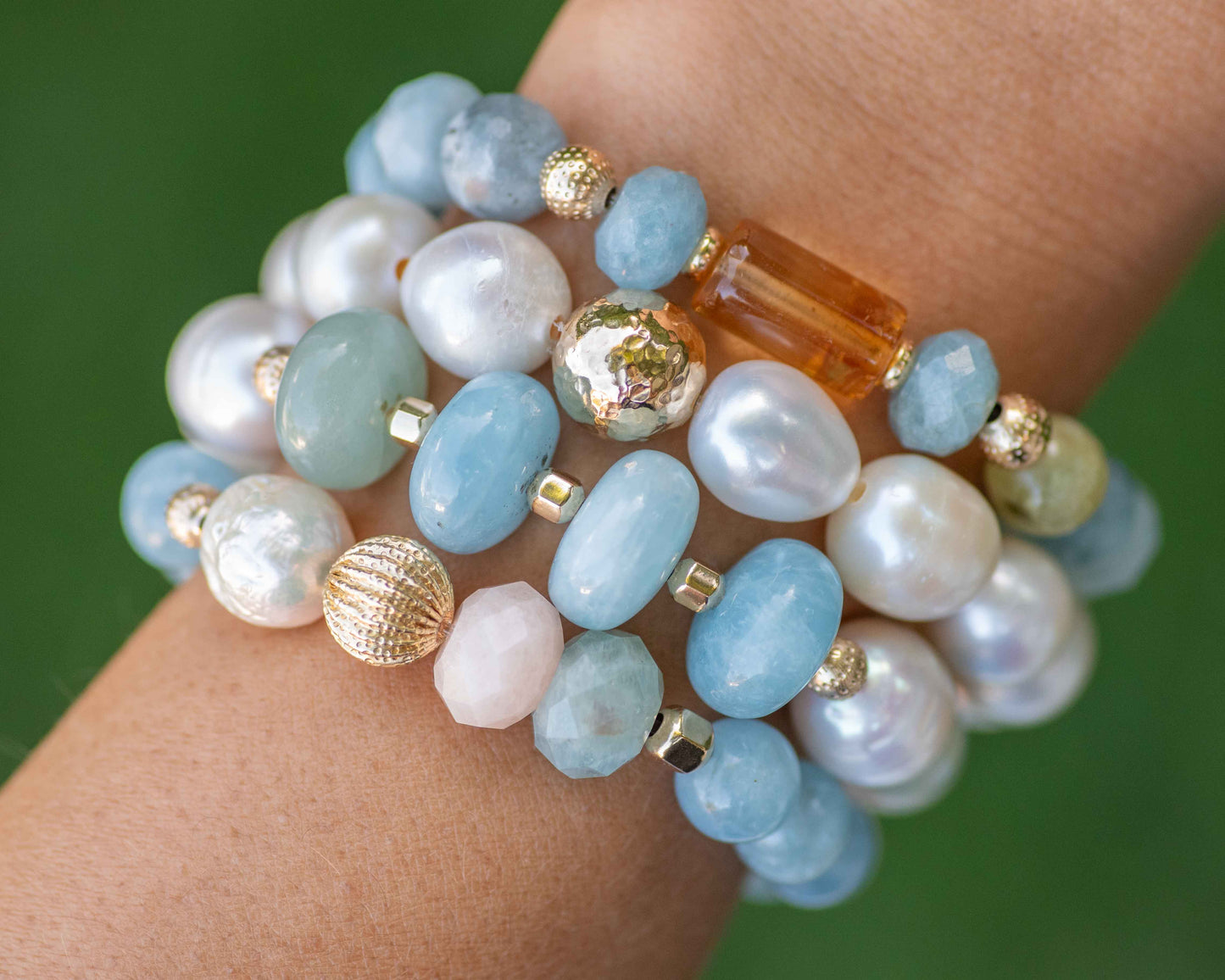 Chunky Aquamarine & Pearl Beaded Bracelet