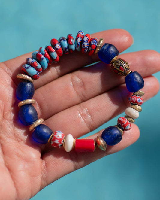 Red & Cobalt Blue African Glass Beaded Bracelet