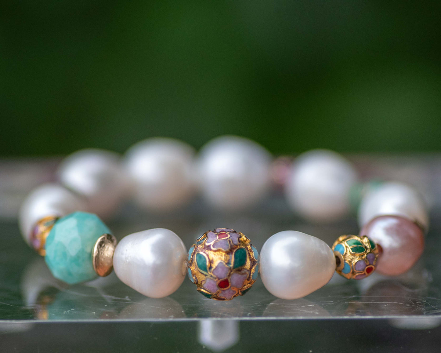 12mm Round Cloissoné & Blush Pearl Amazonite Gemstone Bracelet