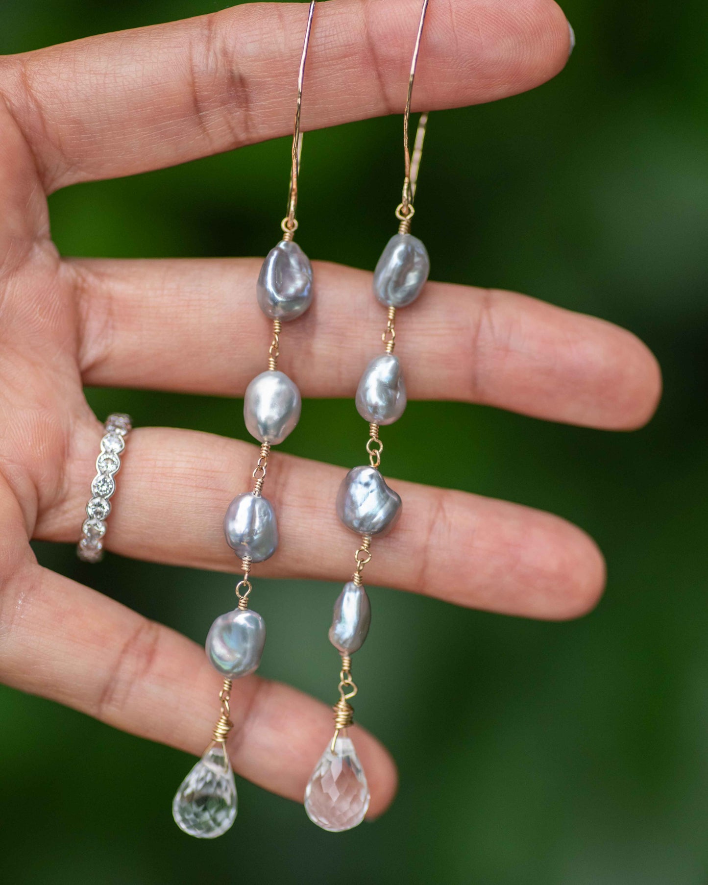 Gray Keshi Pearl & Crystal Quartz Drop Earrings