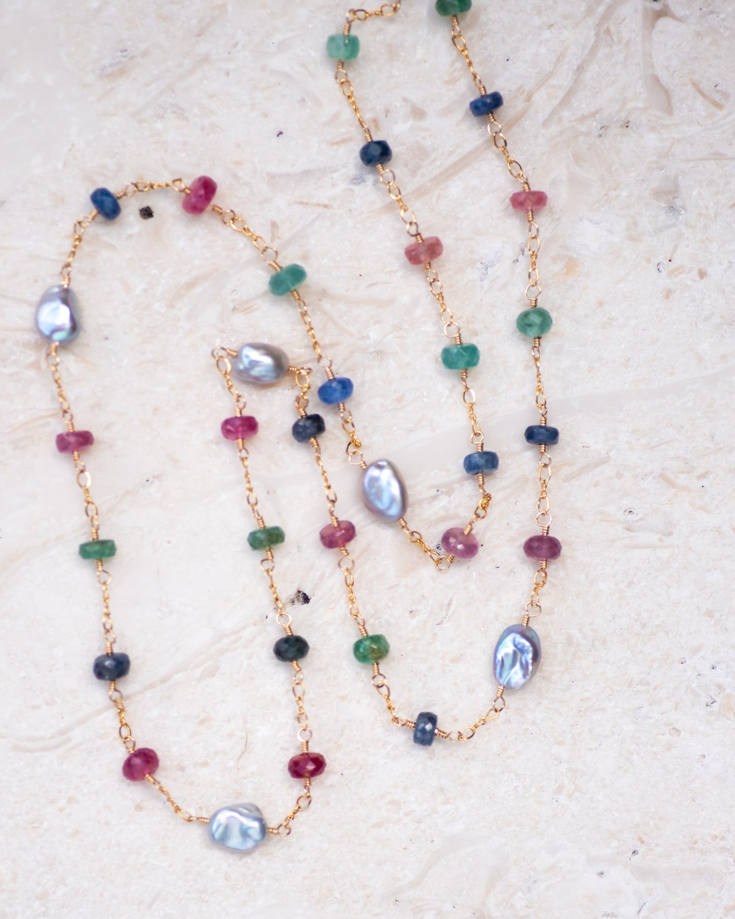 Keshi Pearl & Sapphire Gold Filled Chain Necklace