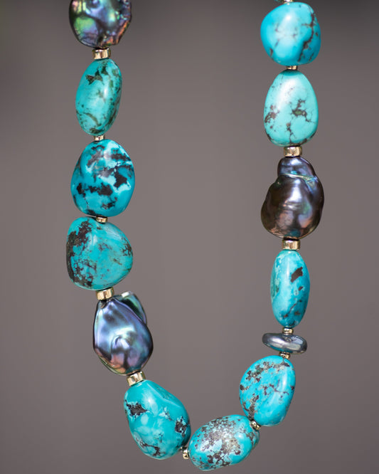 Turquoise Nugget & Baroque Peacock Pearl Statement Necklace Vida Jewelry Designs