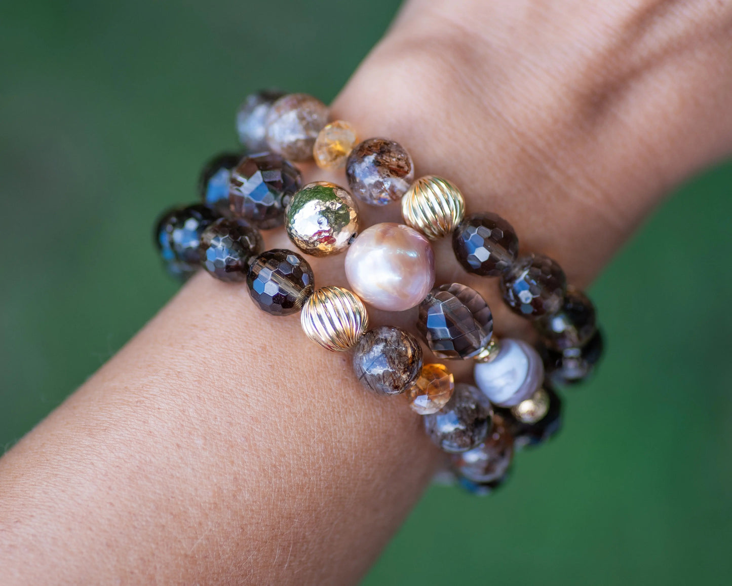 Smoky Quartz & Blush Pearl Beaded Bracelet Vida Jewelry Designs