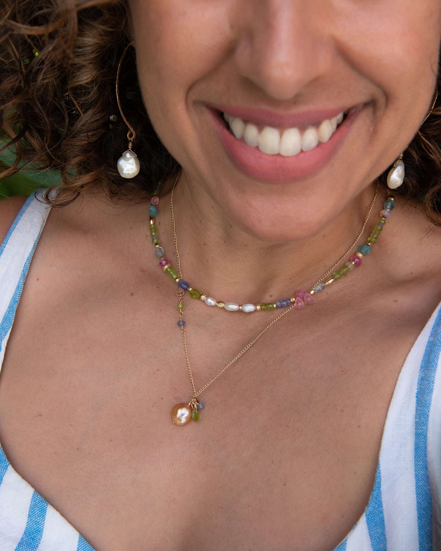 Peach Coin Pearl Gemstone Cluster Necklace Vida Jewelry Designs