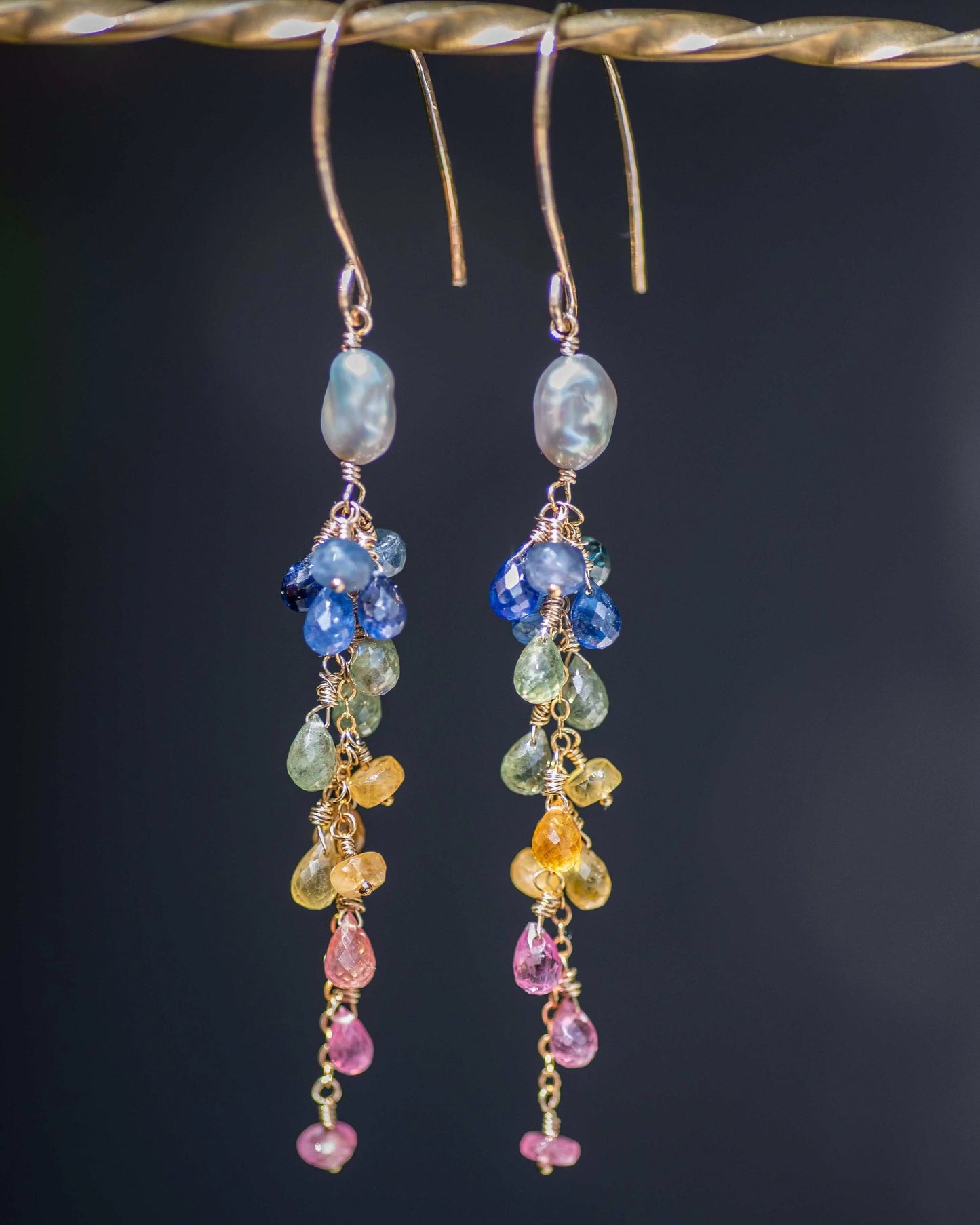 Keshi Pearl Rainbow Sapphire Dangle Earrings