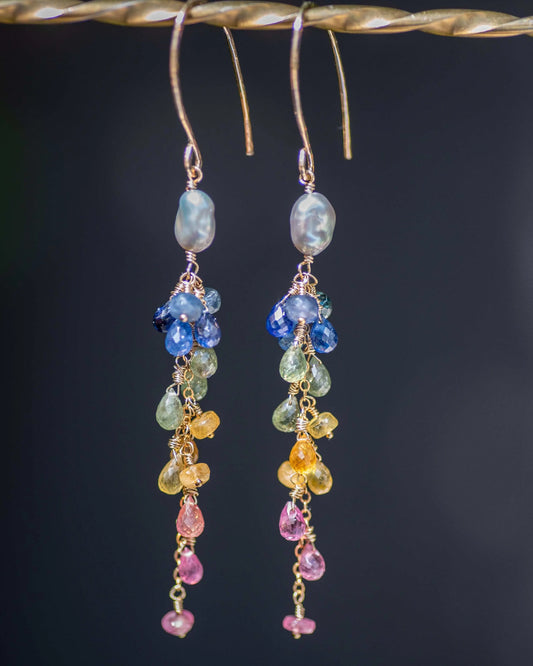 Keshi Pearl Rainbow Sapphire Dangle Earrings