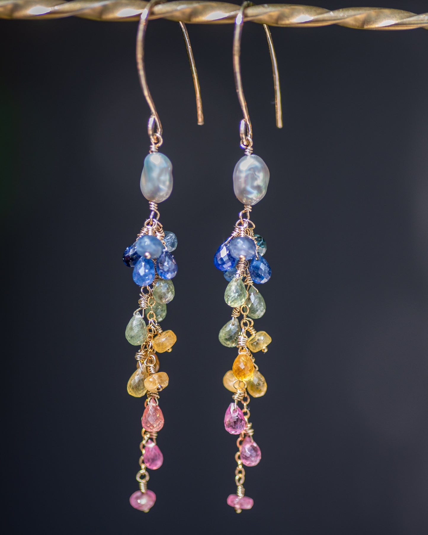 Gray Keshi Rainbow Sapphire Dangle Earrings