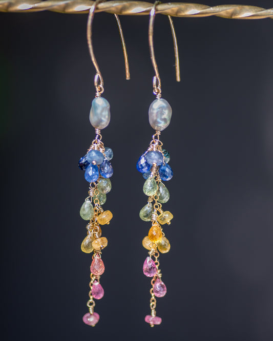 Gray Keshi Rainbow Sapphire Dangle Earrings