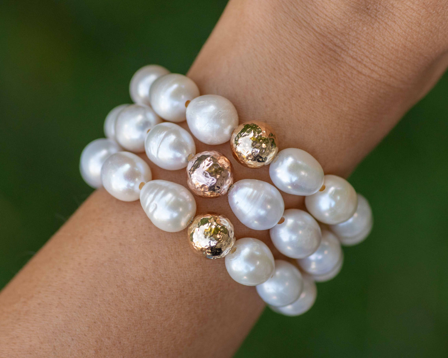 large 12mm pearl beaded bracelet with gold bead