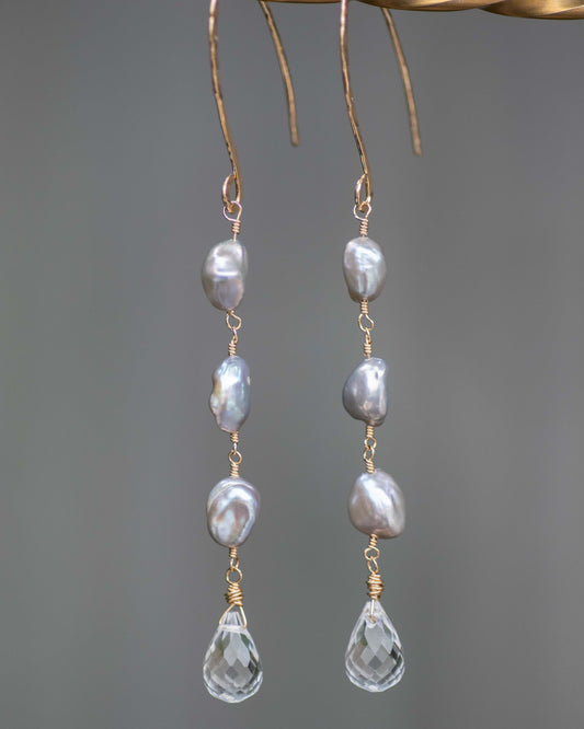 Gray Keshi & Crystal Quartz Earrings