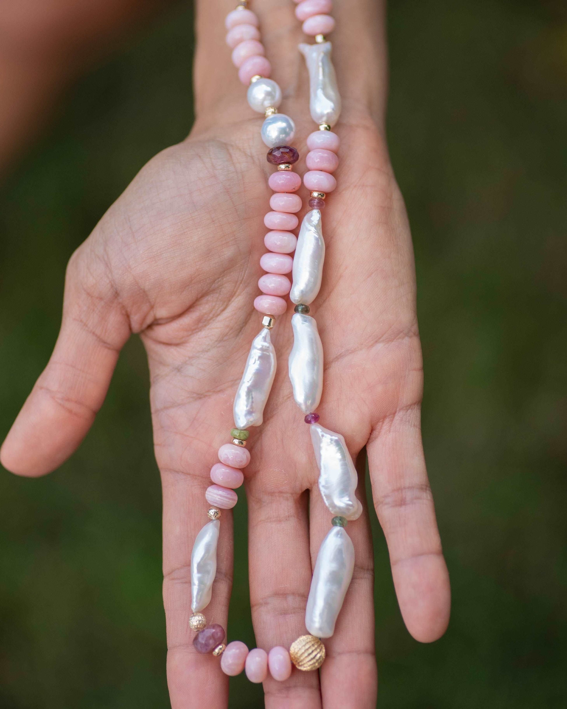 Peruvian Pink Opal & Biwa Pearl Gemstone Necklace